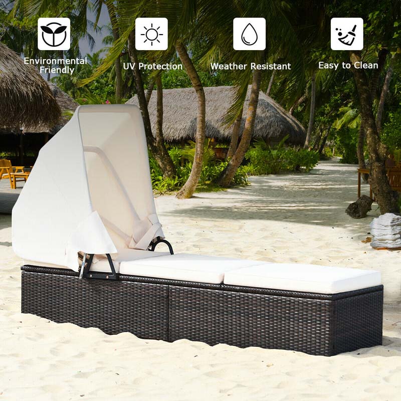 Cushioned Rattan Outdoor Chaise Lounge Chair Sun Lounger 5-Position with Folding Canopy & Flip-up Tea Table