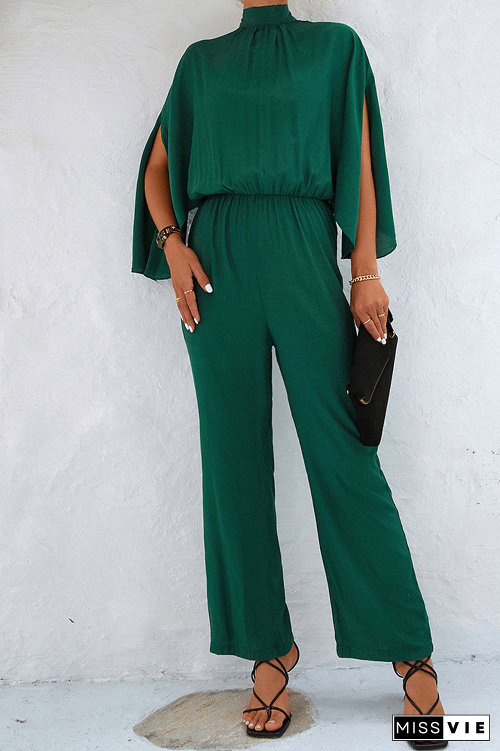 Plain High Collar Batwing Sleeves Jumpsuit