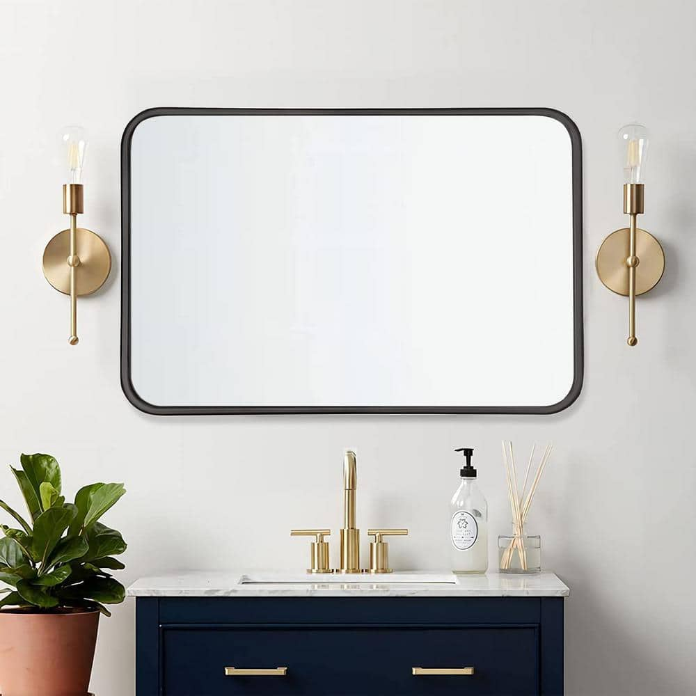 24 in. W x 32 in. H Matte Black Metal Framed Rounded Corner Rectangular Wall Mirror Z-XINGBIAN