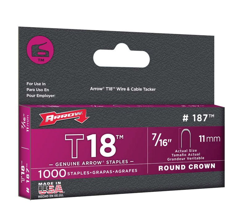 Arrow T18 3/16 in. W X 7/16 in. L 18 Ga. Round Crown Wire Staples 1000 pk