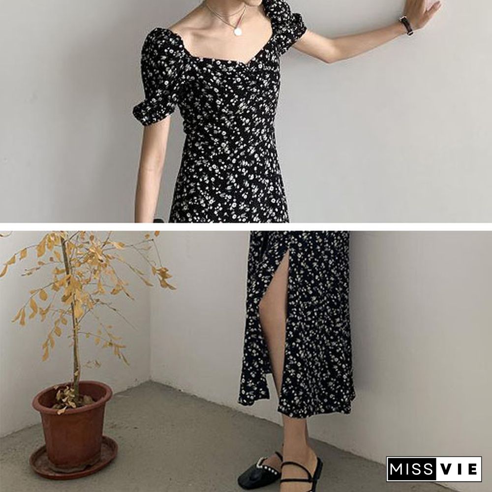 Midi Dress Women French Black Print Sexy Puff Sleeves Empire Side Slit Clubwear Temperament Summer Elegant Fashion Vestido Retro