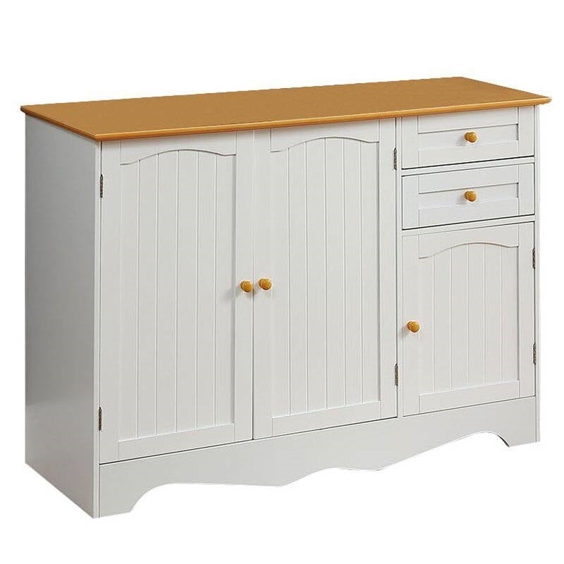 White Sideboard Buffet Cabinet with Light Wood Finish Top and Knobs - 31.5'' H x 43.7'' W x 15.75'' D