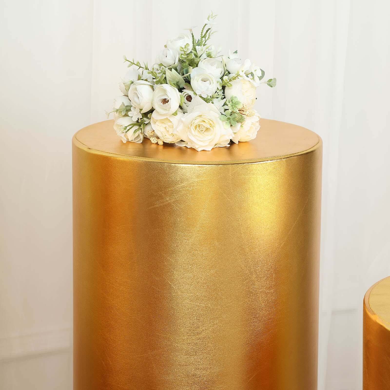 Set of 5 Metallic Gold Spandex Cylinder Pillar Prop Covers, Shiny Stretchable Pedestal Stand Covers - 130 GSM