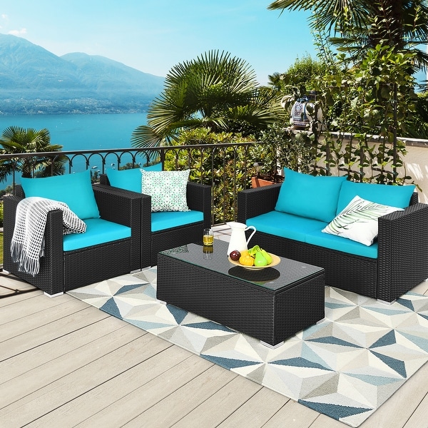 Gymax 4PCS Rattan Patio Conversation Set Outdoor Furniture Set w/