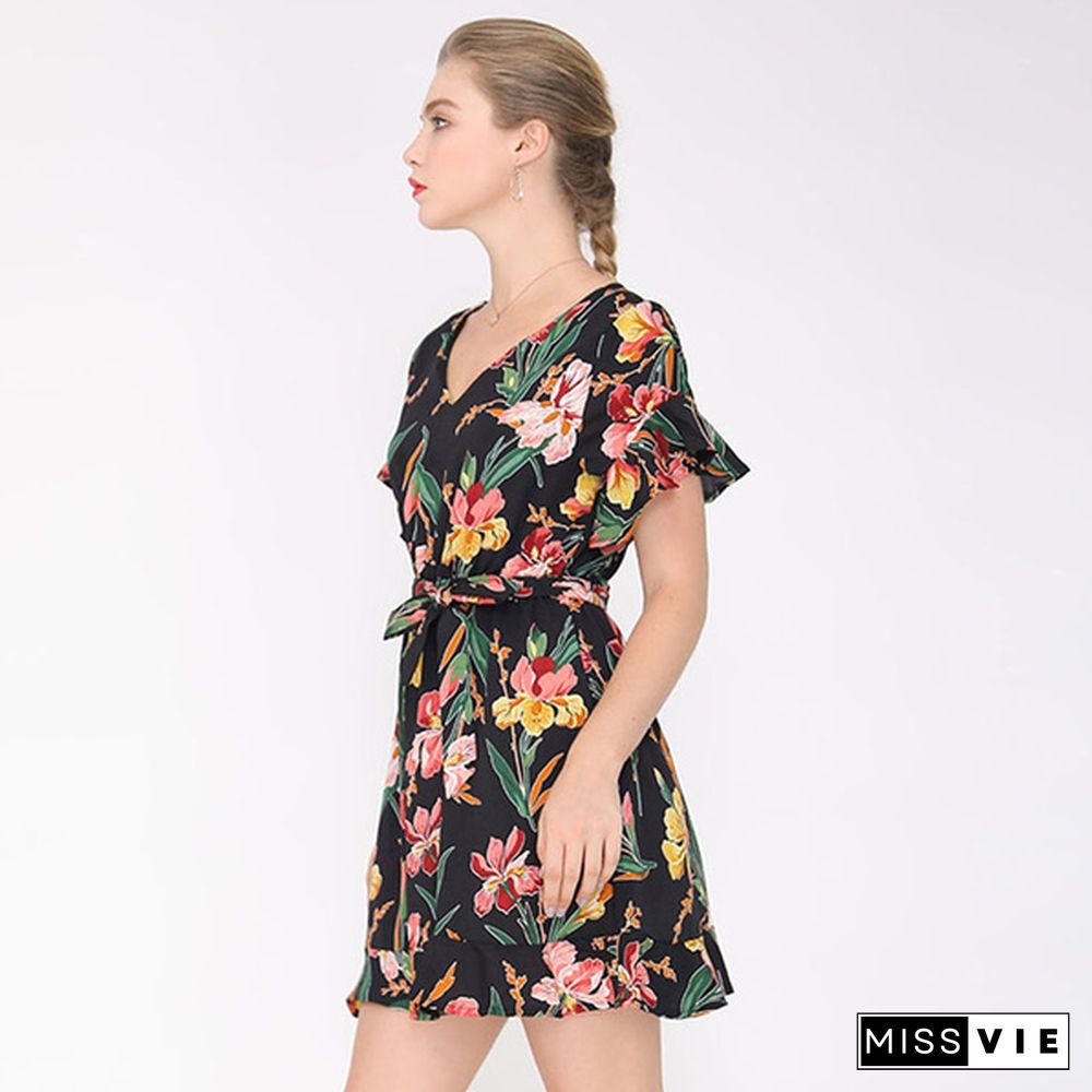 Women's Print V-Neck Tie - Up Slim Flower Printing Dress With Short Sleeves