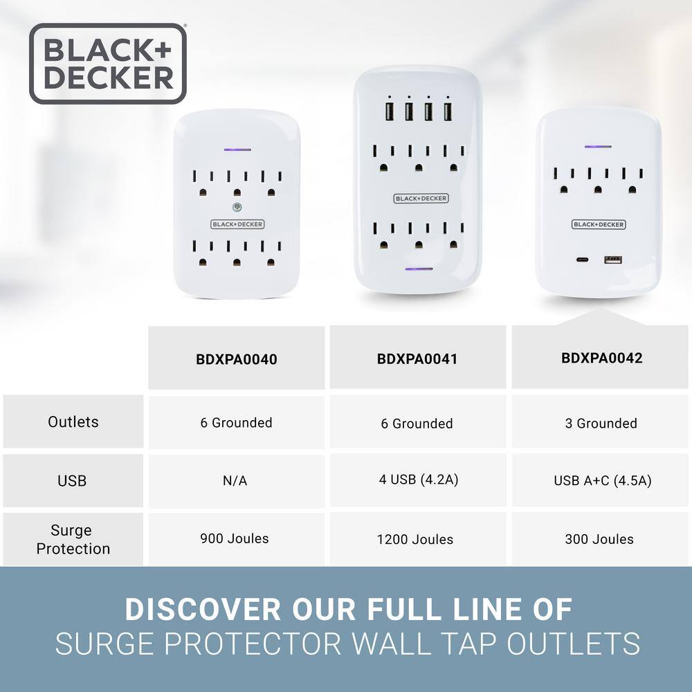 BLACK+DECKER 3 Grounded Outlets Surge Protector Wall Mount with 1 USB Charging Port 1 USB-C Port BDXPA0042