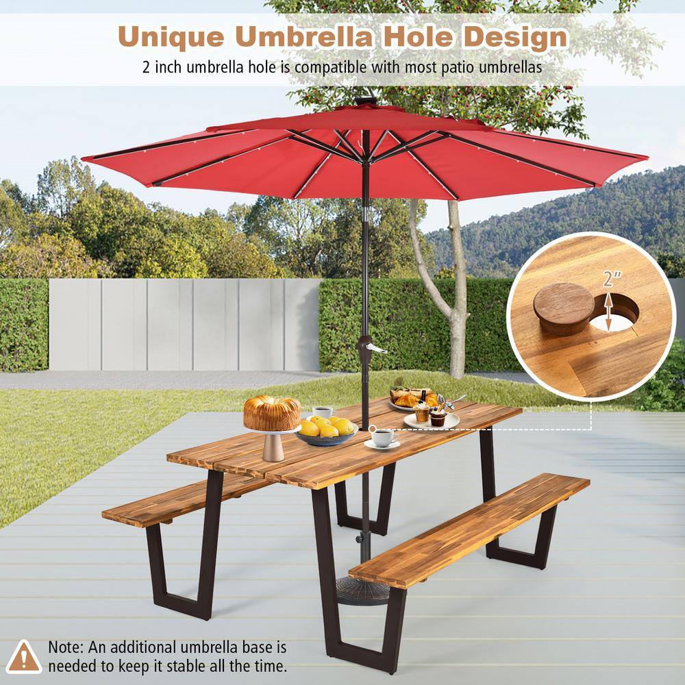 Costway Natural Wood Outdoor Picnic Table Bench Set Outdoor Dining Table Set with 2 in. Umbrella Hole and Metal Frame GHMF0002