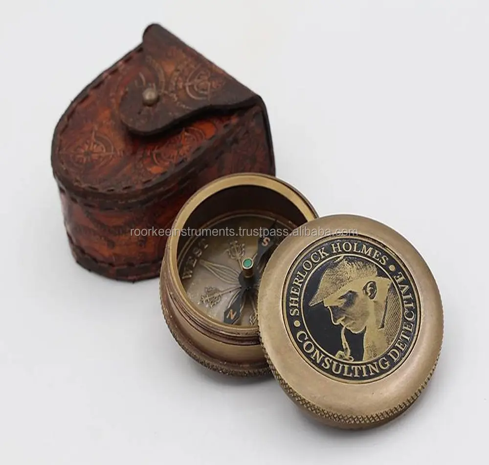 Vintage Directional Magnetic Compass for Navigation Brass Compass with Leather Case~ Sherlock Holmes