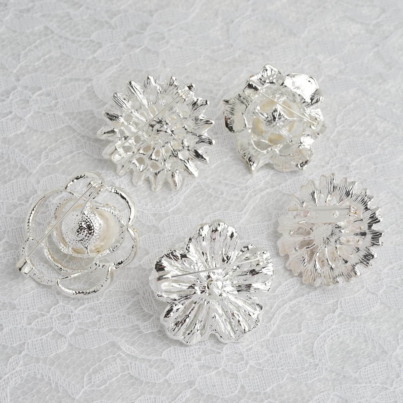 5 Pack Assorted Silver Plated Rhinestone Brooches with Pearl Center Floral Sash Pin Brooch Bouquet Decor