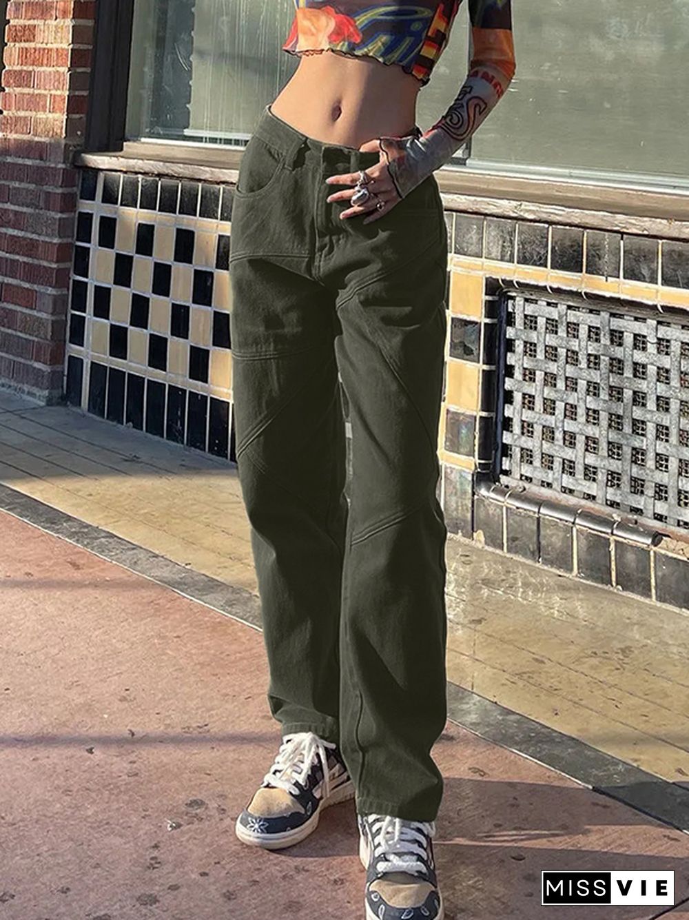 Retro Olive Green Splice Slim Jeans