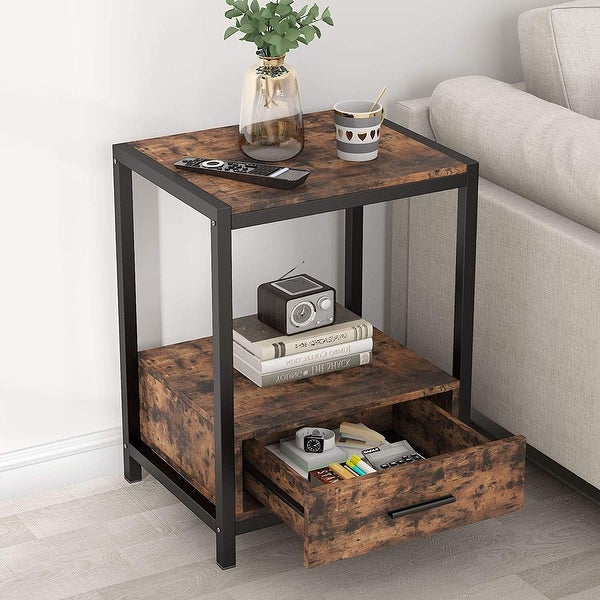 Industrial End Table with Drawer and Storage Shelves， Side Table and Nightstands