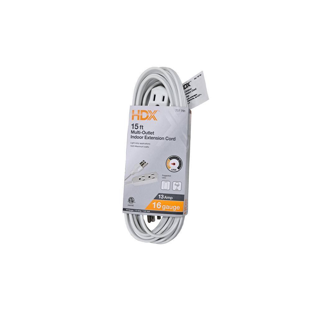 HDX 15 ft. 163 Light Duty Indoor Extension Cord with Banana Tap White HD#737-791