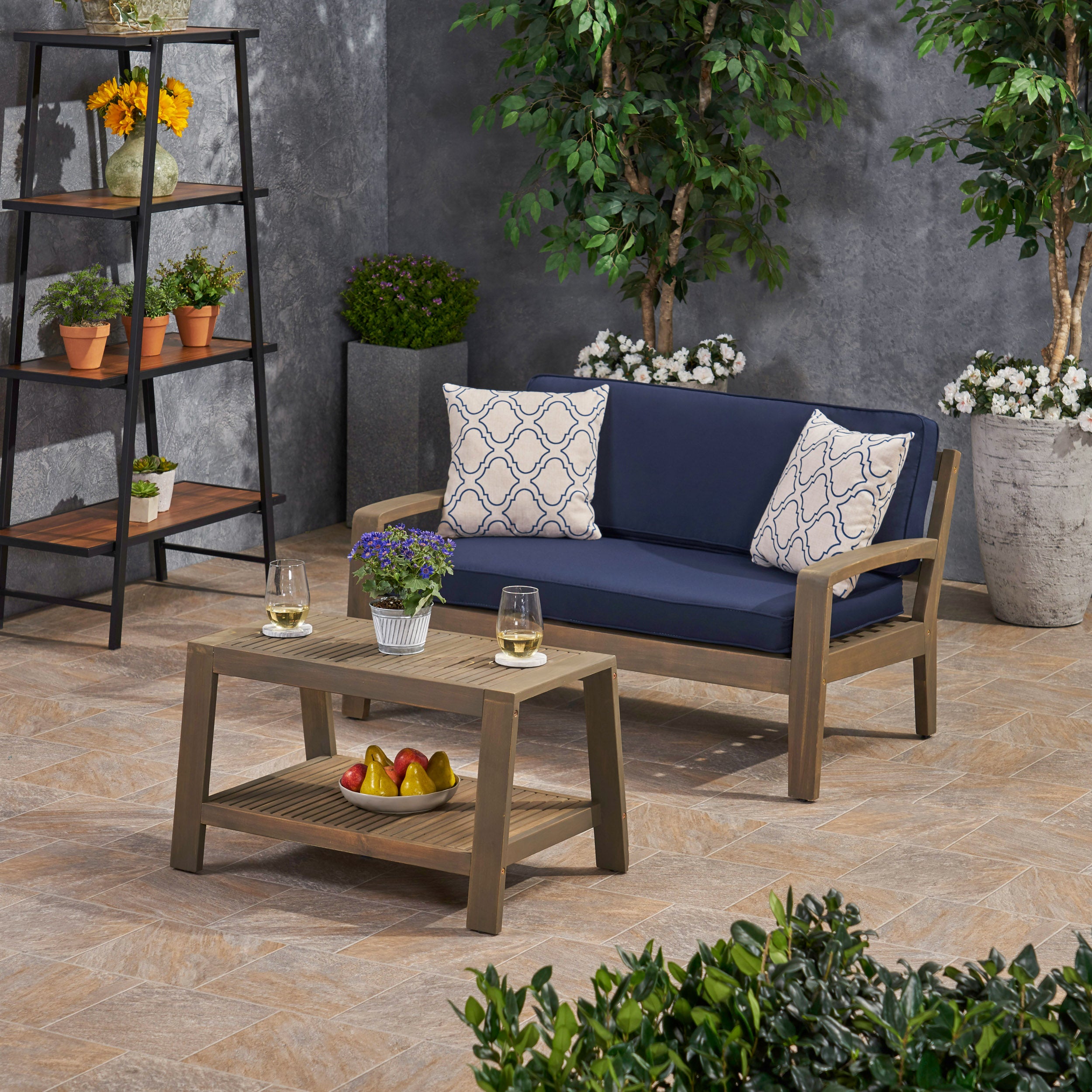 Parma Outdoor Acacia Wood Loveseat and Coffee Table Set with Sunbrella Cushions