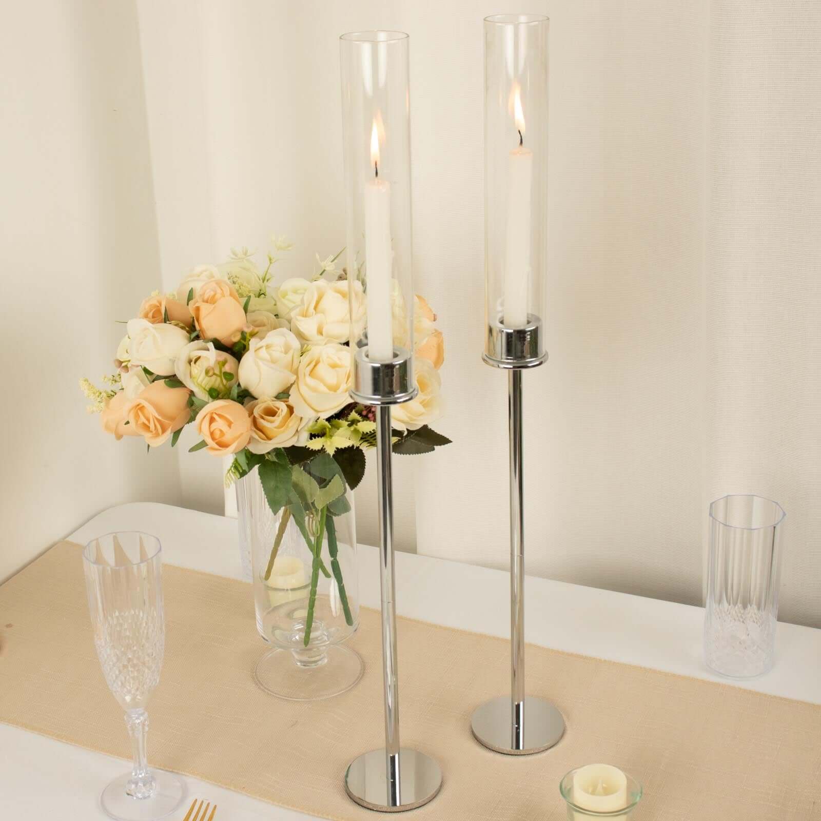 2 Pack Silver Metal Clear Glass Taper Candlestick Holders, Hurricane Candle Stands With Glass Chimney Candle Shades 24