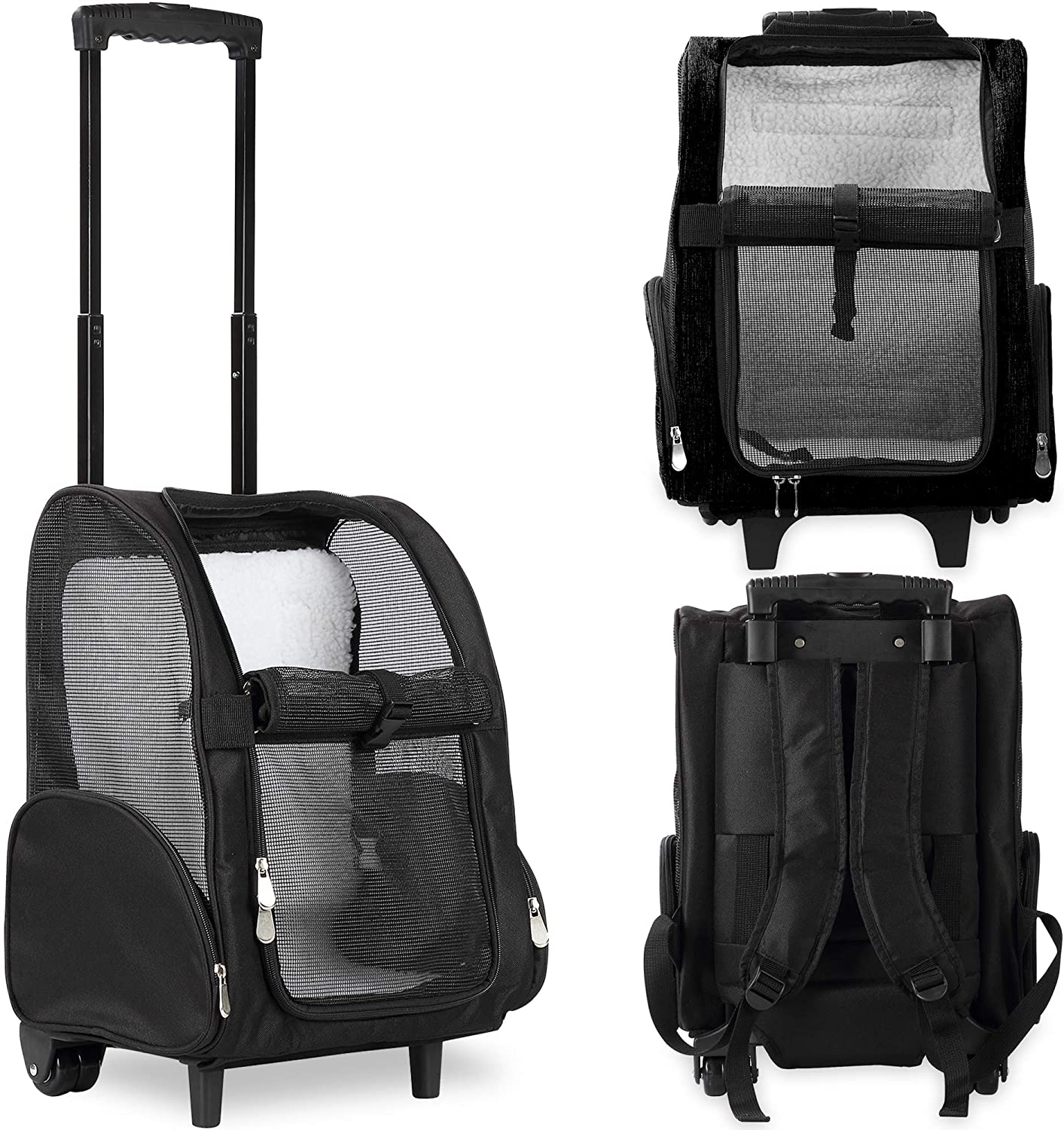 Deluxe Backpack Pet Travel Carrier with Double Wheels - Black - Approved by Most Airlines