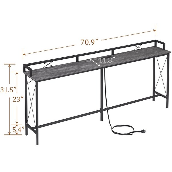 Extra Long Console/Sofa Table with Charging StationandPower Outlet， Charcoal Grey