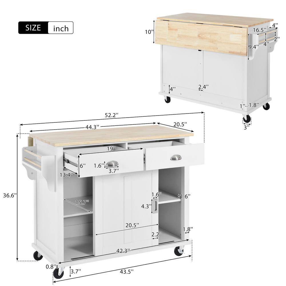 White Wooden 52.2 in. Mobile Kitchen Island Cart with Solid Wood Drop Leaf Countertop Sliding Barn Door and 2-Drawer ZT-SK000001AAW