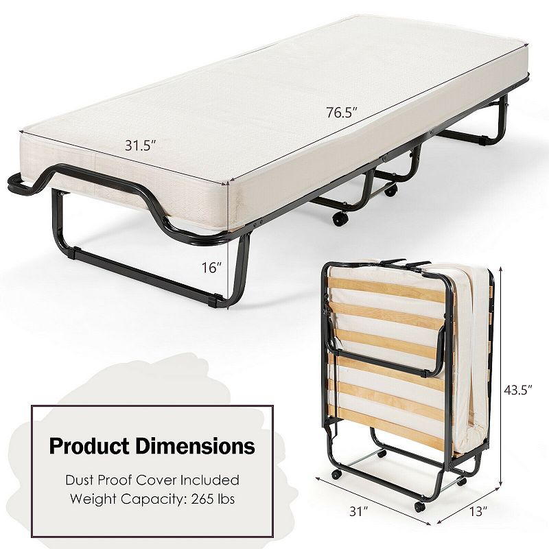 Made in Italy Rollaway Folding Bed with Memory Foam Mattress and Dust-Proof Bag