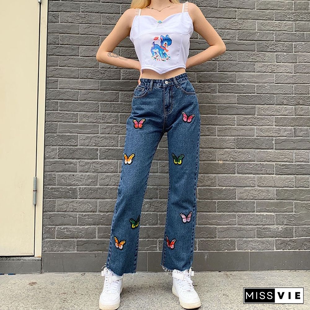 Weekeep Butterfly Embroidery Women Jeans High Waist Streetwear Casual Pants Fashion Straight Trousers Summer 2k Jeans Harajuku