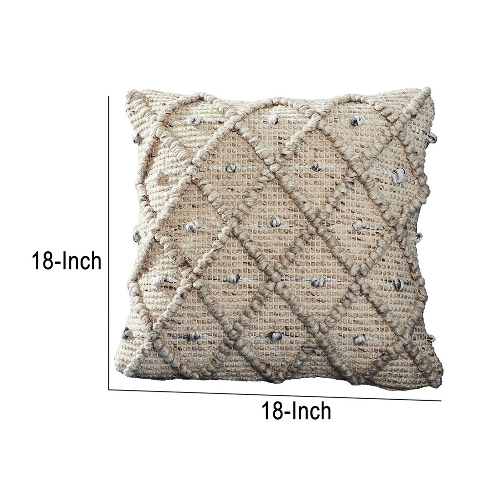 18 Inch Decorative Throw Pillow Cover  Beaded Diamond Design  Beige Fabric