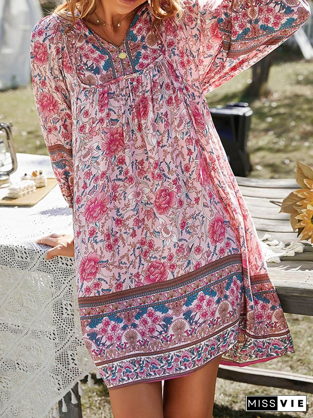 Loosen V Neck Boho Long sleeve Woven Dress