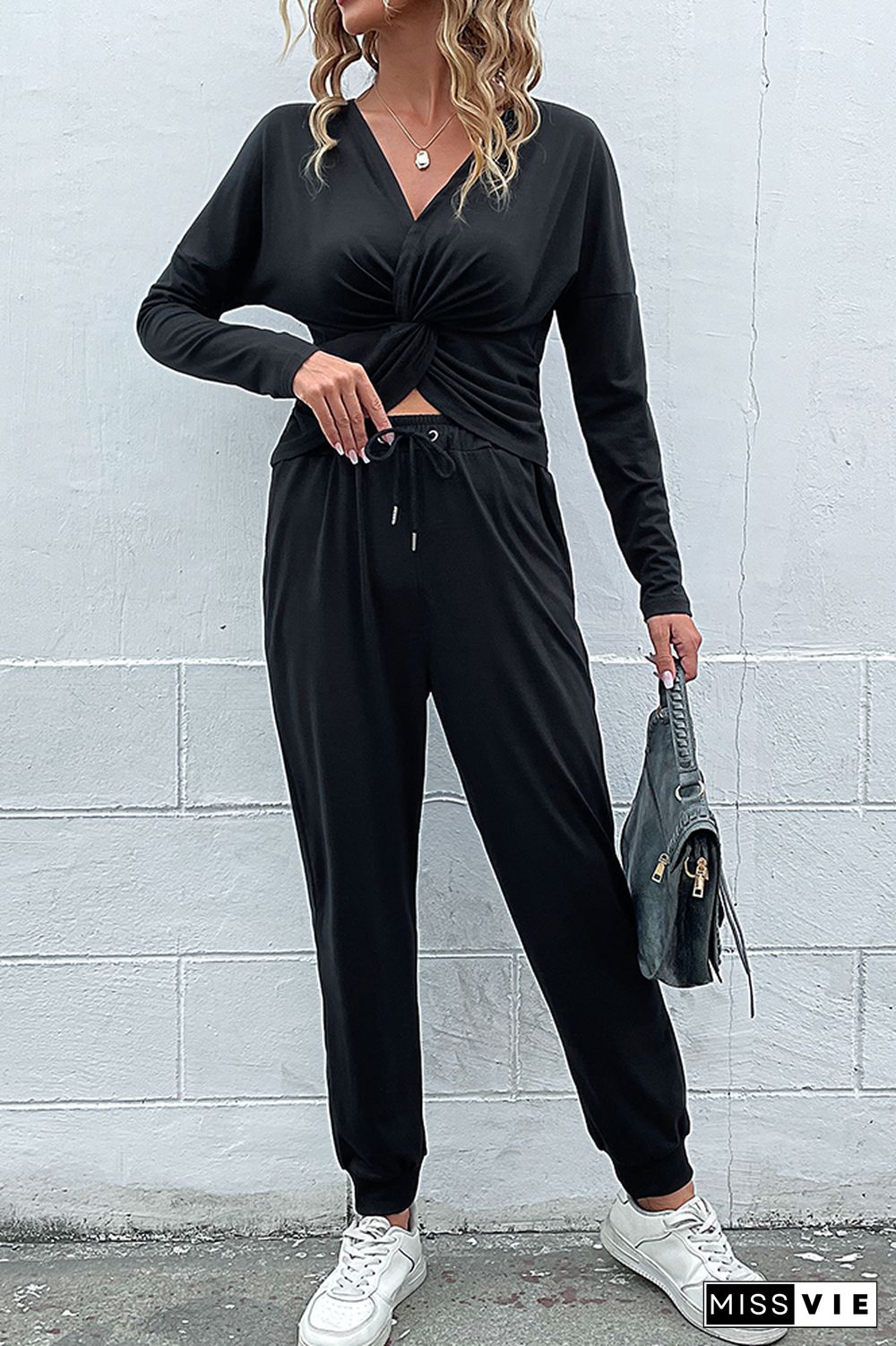 Black V Neck Twisted Crop Top 2pcs Pant Set