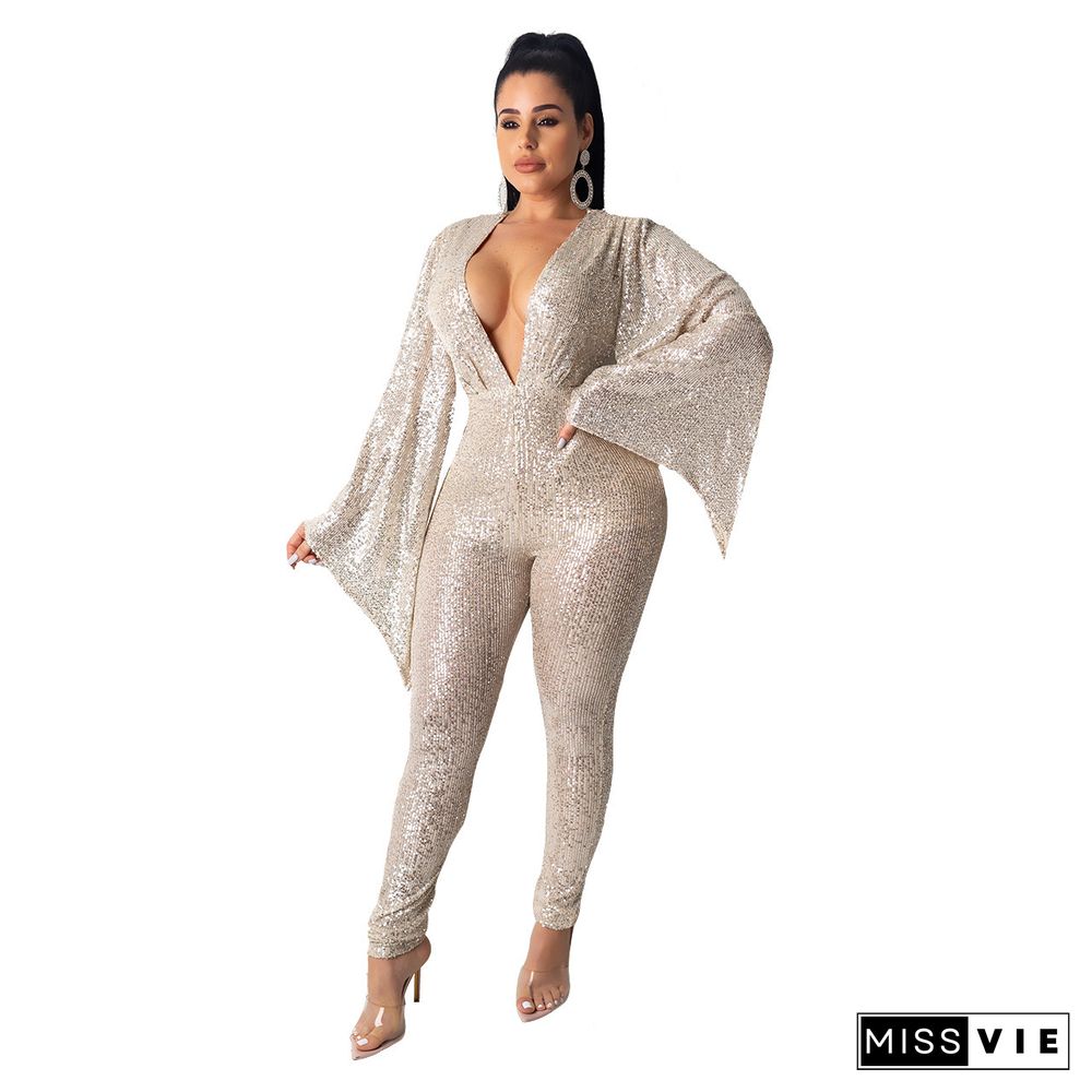 Sexy Deep V Wide Sleeves Skinny Sequins Jumpsuits