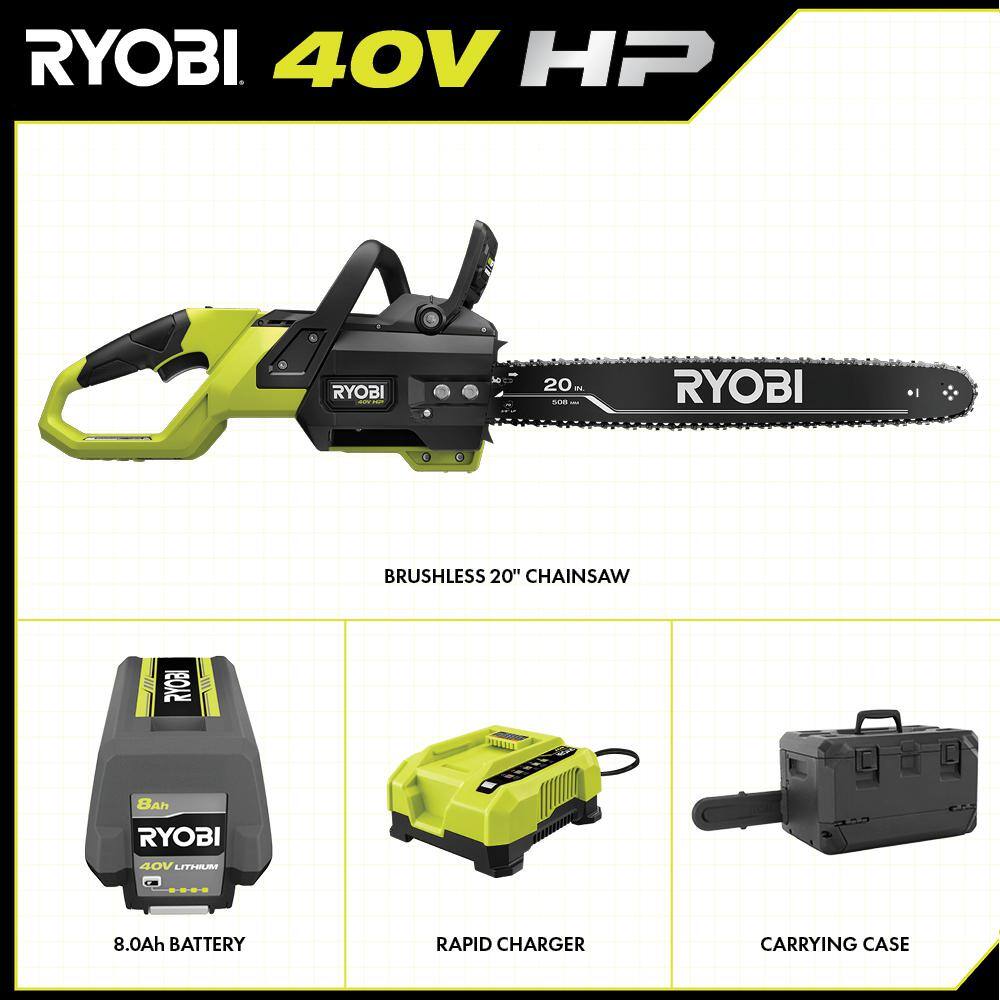 RYOBI 40V HP Brushless 20 in. Battery Chainsaw with 8.0 Ah Battery and Rapid Charger RY405110