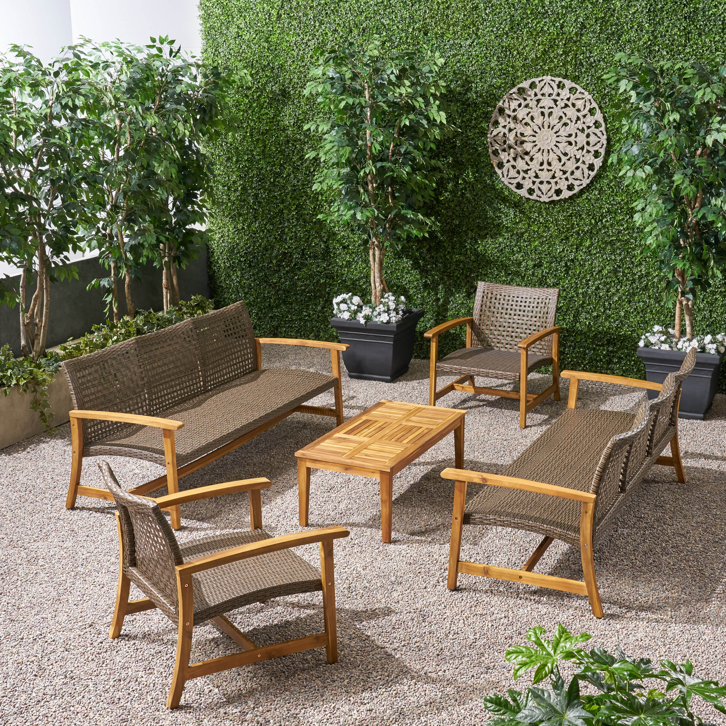 Alyssa Outdoor 5 Piece Wood and Wicker Sofa Chat Set