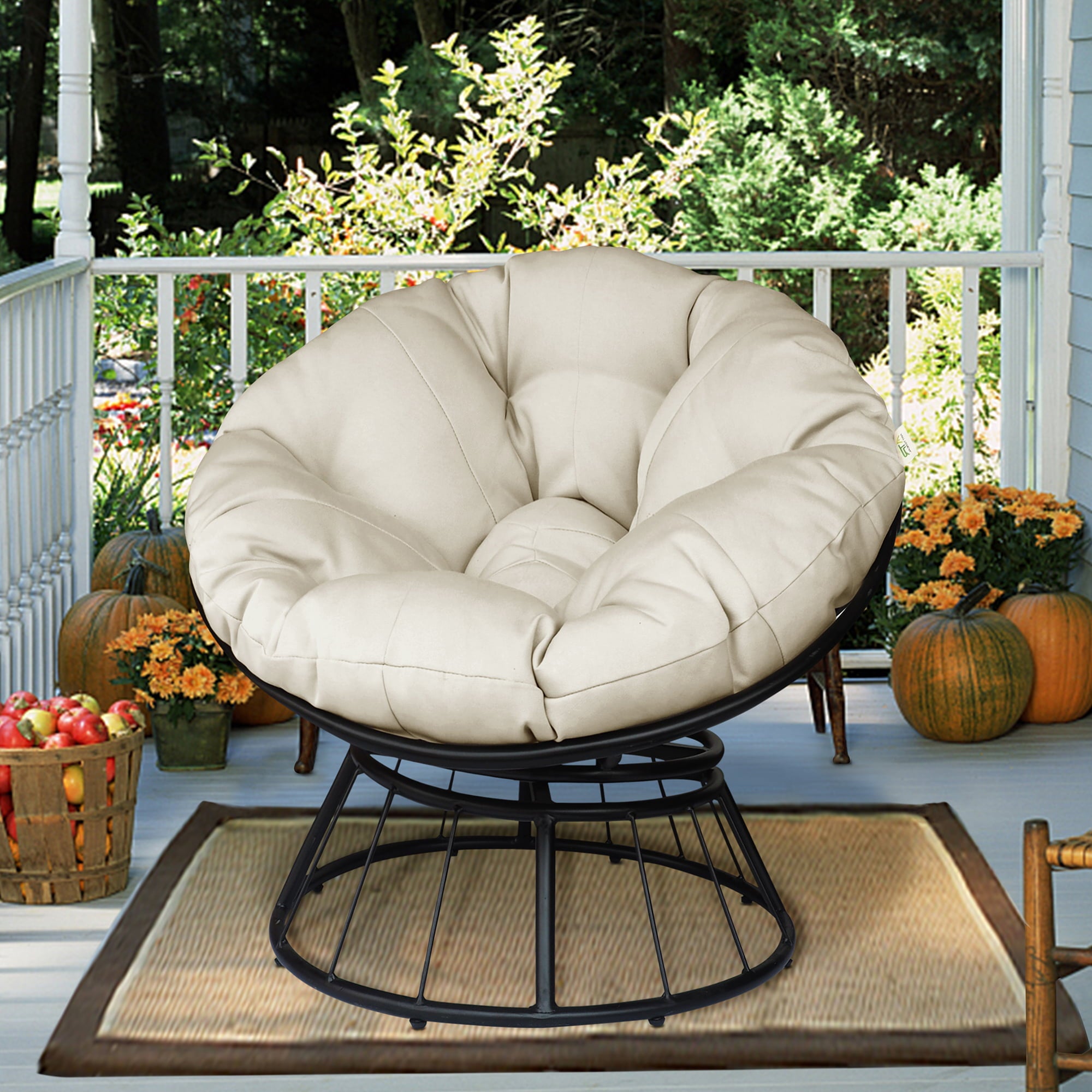 Arttoreal Outdoor 360-Degree Swivel Papasan Chair with Round Cushion and Steel Frame,for Garden and Backyard,Beige