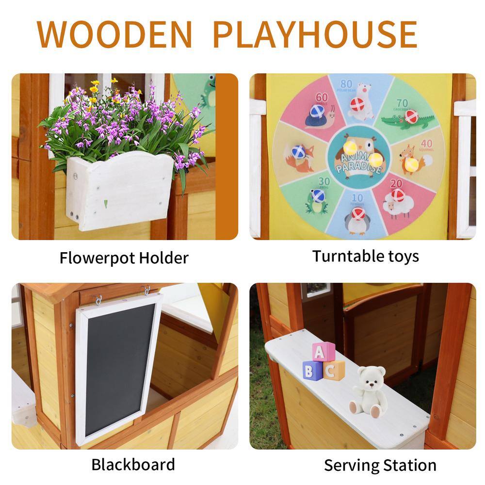 Natural Outdoor Wood Playhouse with Working Doors Windows LN20233338