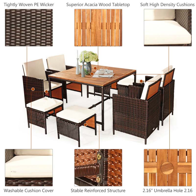 9 Pcs Rattan Wicker Outdoor Patio Dining Set with Acacia Wood Dining table, 4 Ottomans, 4 Cushioned Armchairs