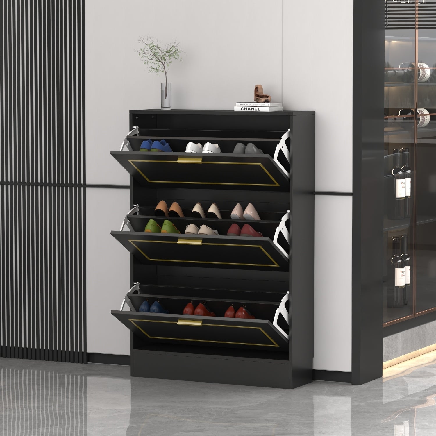 Premium 3 Drawes Shoe Cabinet Black/White Gold， for 15-18 Pairs - - 35523715