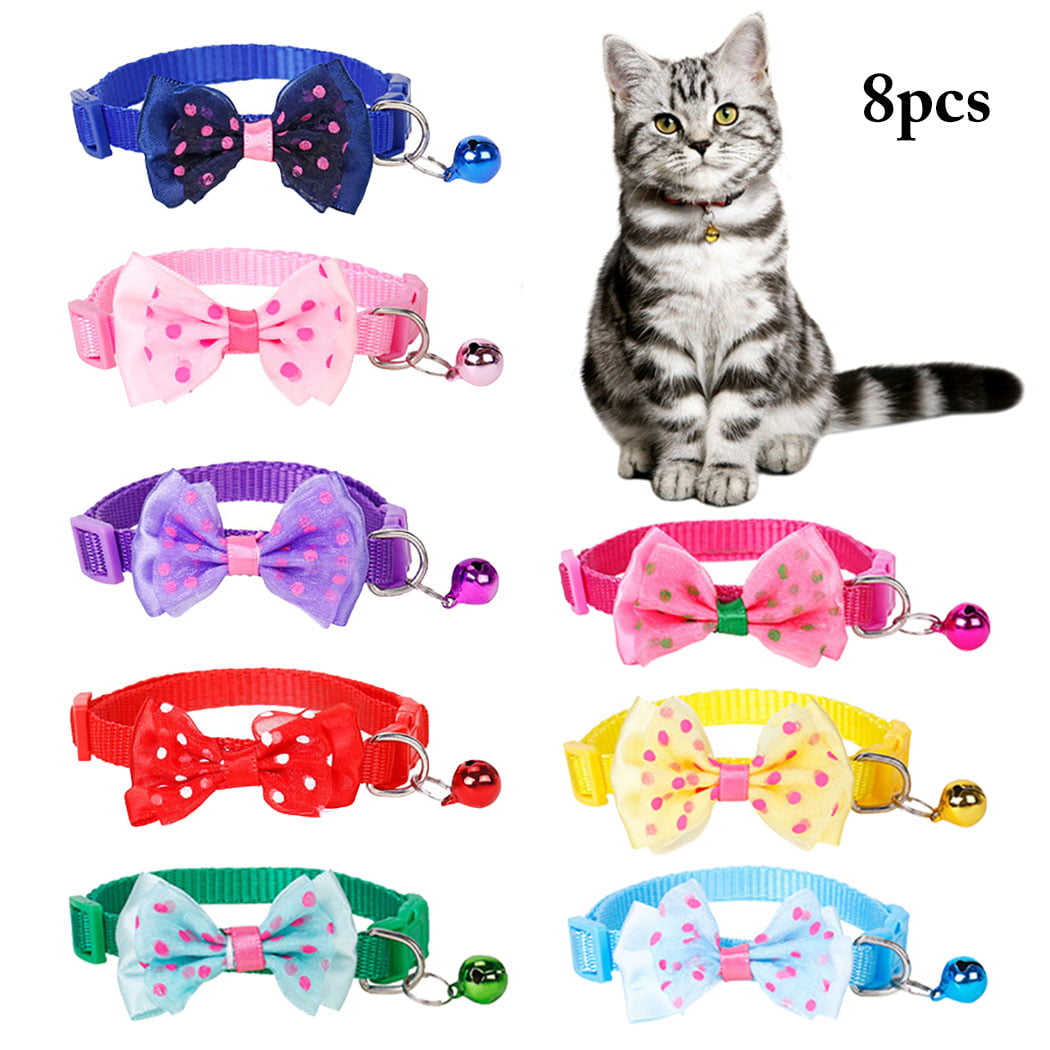 Pet Collars Adjustable Bells 8PCS Bow Ties Cat Collars Kitten Collars