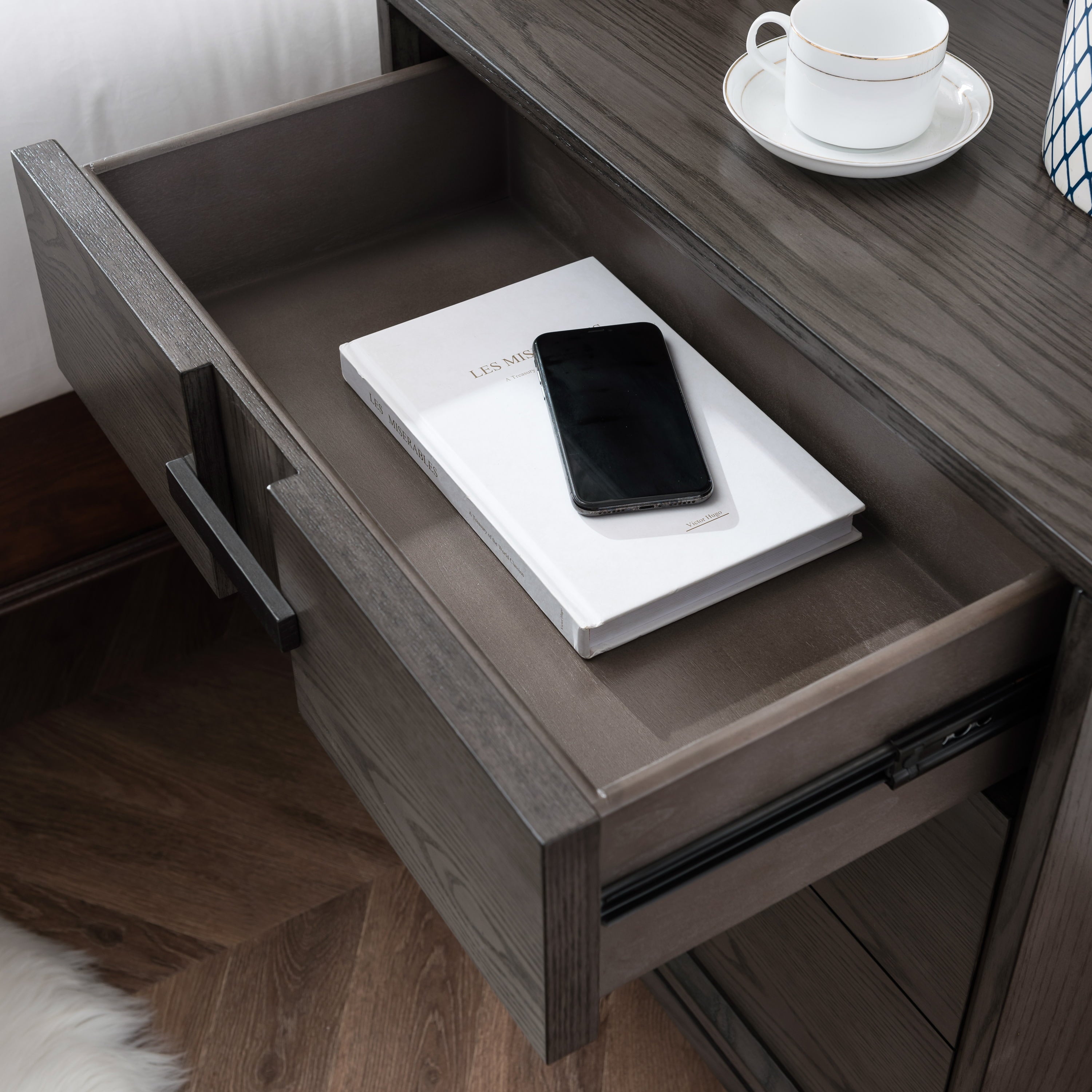 Design House Oak Recessed Design Side Table Cabinet with AC/USB in Smoke Gray