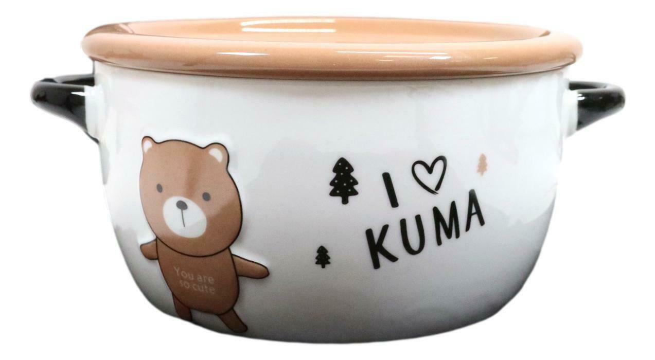 1 Pack Of 2 Brown Kuma Bear Porcelain Kids Food Bowls 25Oz W/ Condiment Lid Plate EBR02