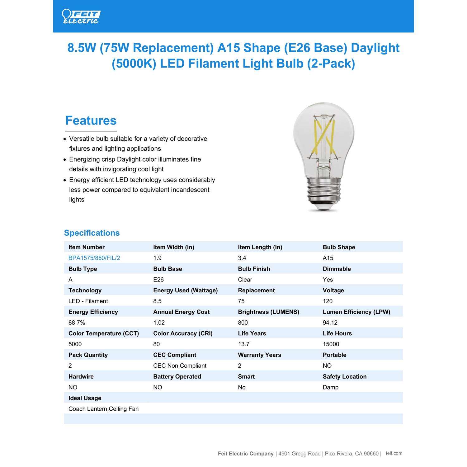 Feit LED A15 E26 (Medium) LED Light Bulb Daylight 75 Watt Equivalence 2 pk