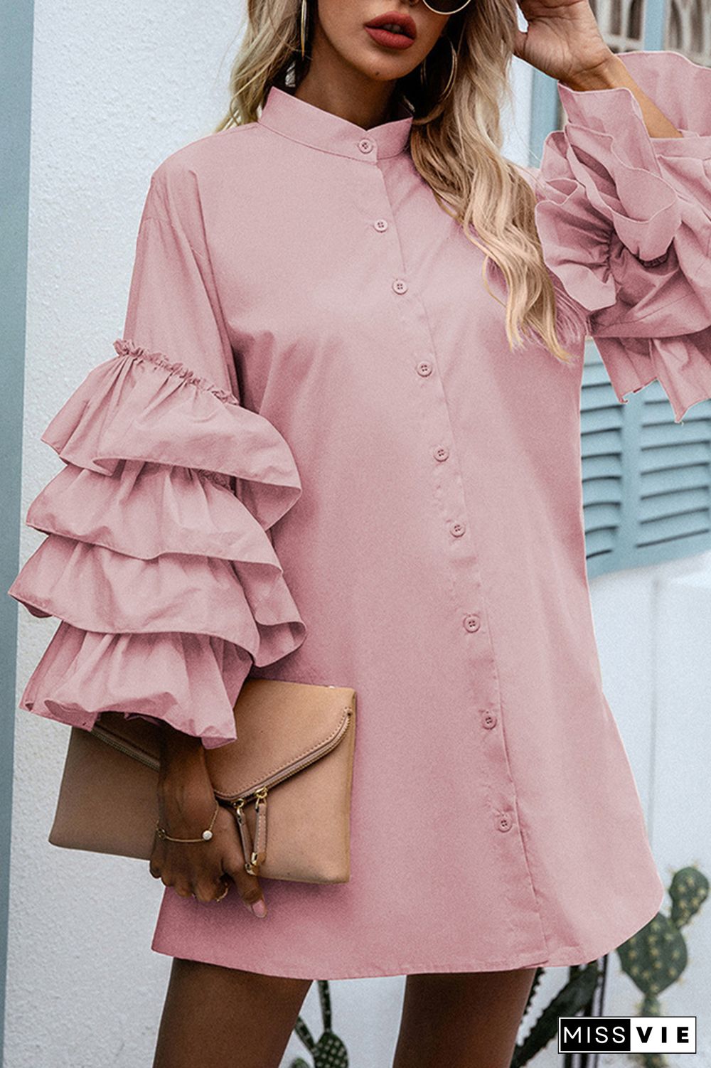 Pink Pile Ruffle Sleeves Button Up Shirt Dress