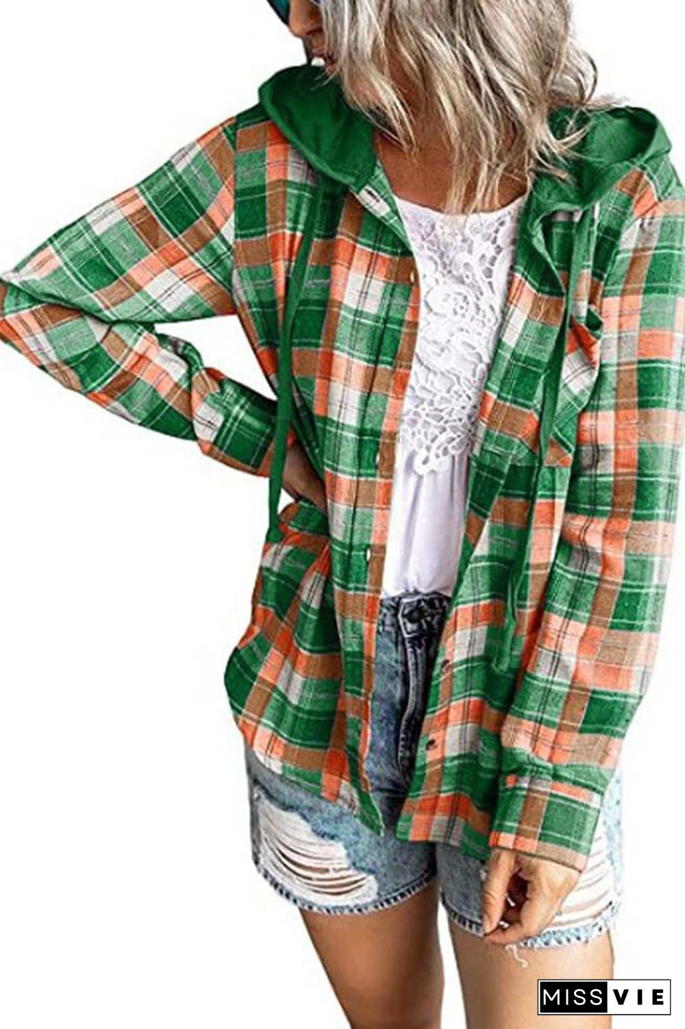 Plaid Button Front Hoodies Shacket Shirt Women Wholesale