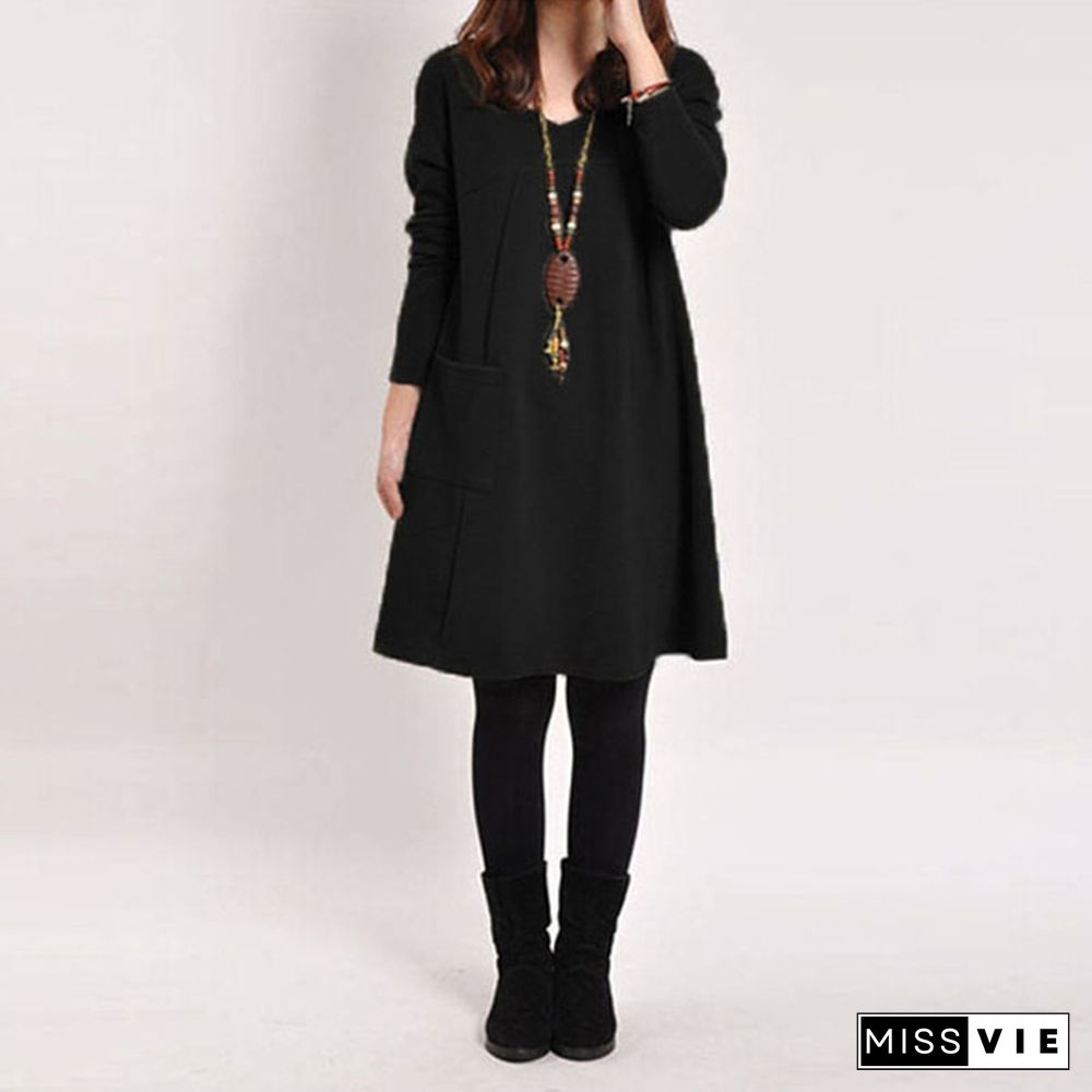 5 color Women Winter Long Loose Casual Cotton Pregnancy Dress Sleeve Pocket Tunic Tops