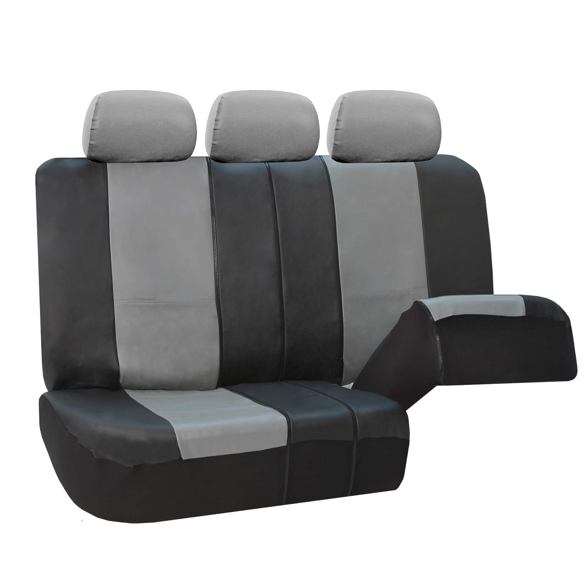 FH Group PU Leather Integrated Seatbelt Seat Covers， Full Set with Beige Leather Trimmed Carpet Floor Mats， Black Gray