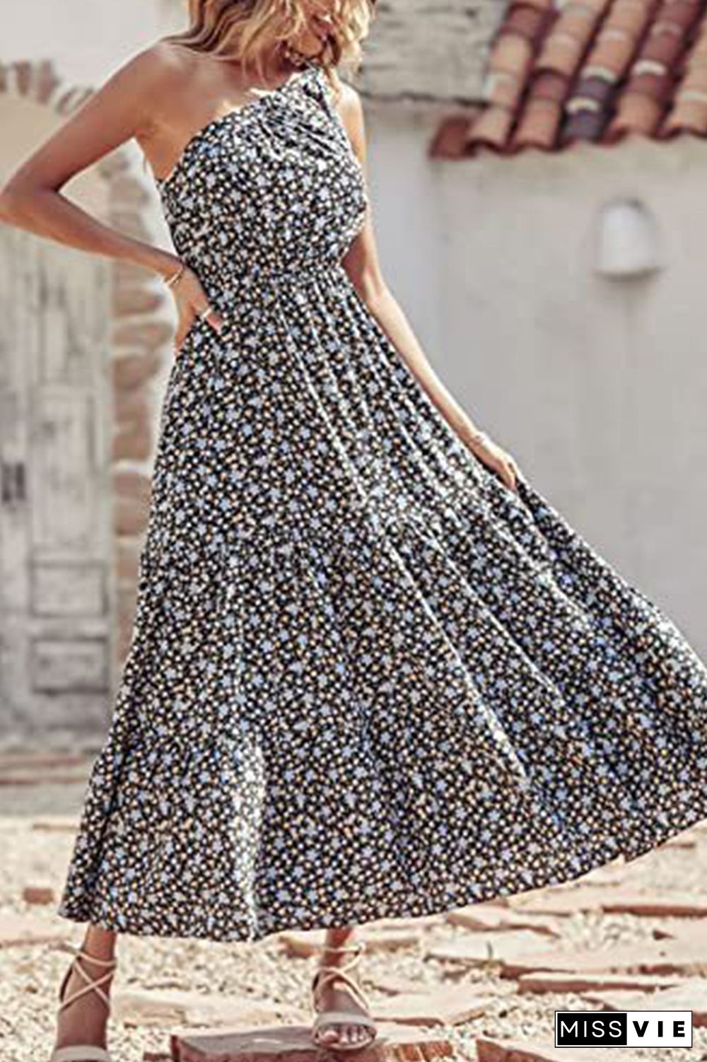 Floral Print One Shoulder High Waist Dress Wholesale