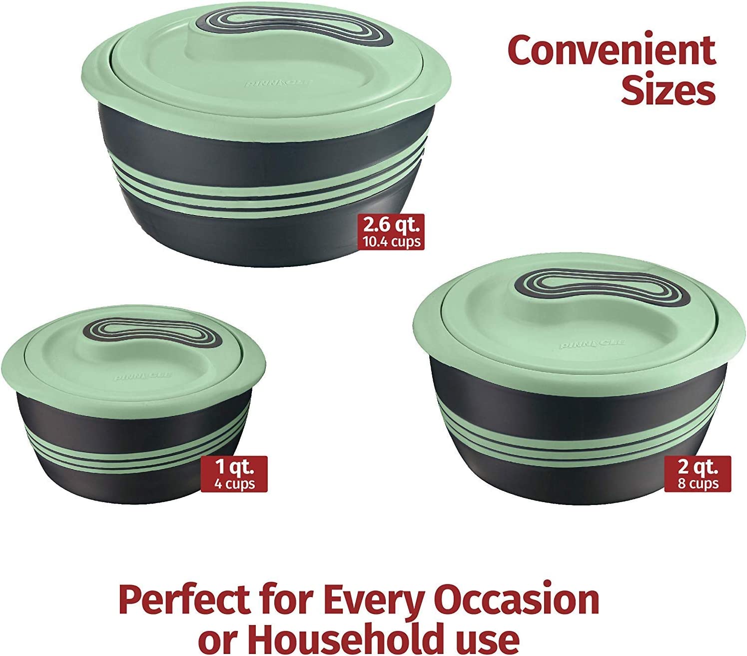 Pinnacle Insulated Casserole Dish with Lid 3 pc Set 2.6/1.5/1 qt. Hot Pot Food Warmer/Cooler –Thermal Soup/Salad Serving Bowl- Stainless Steel Hot Food Container–Best Gift Set for Moms –Holidays Green