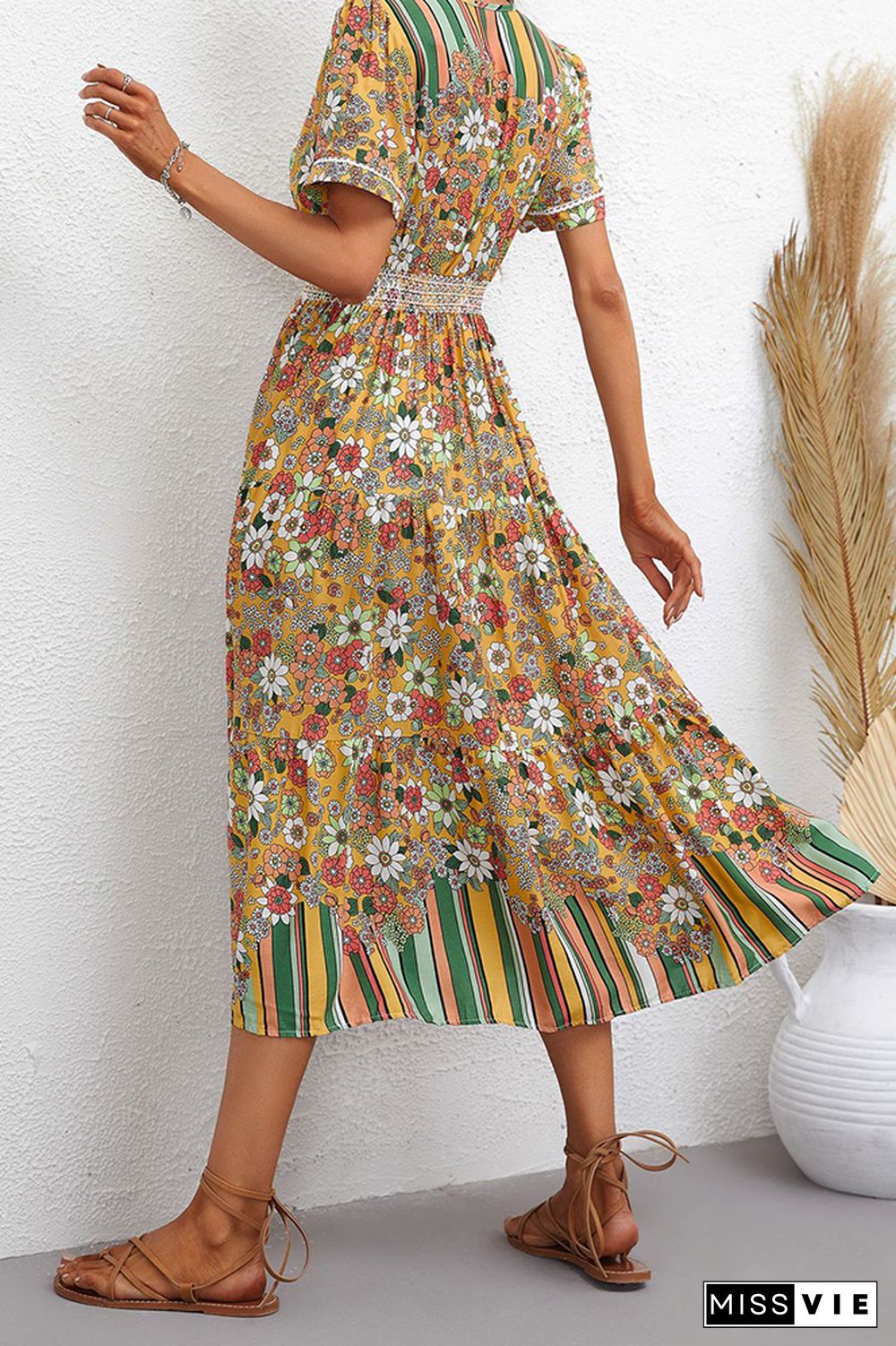 Flower And Stripes Printinig Patchwork Bohemia Dress