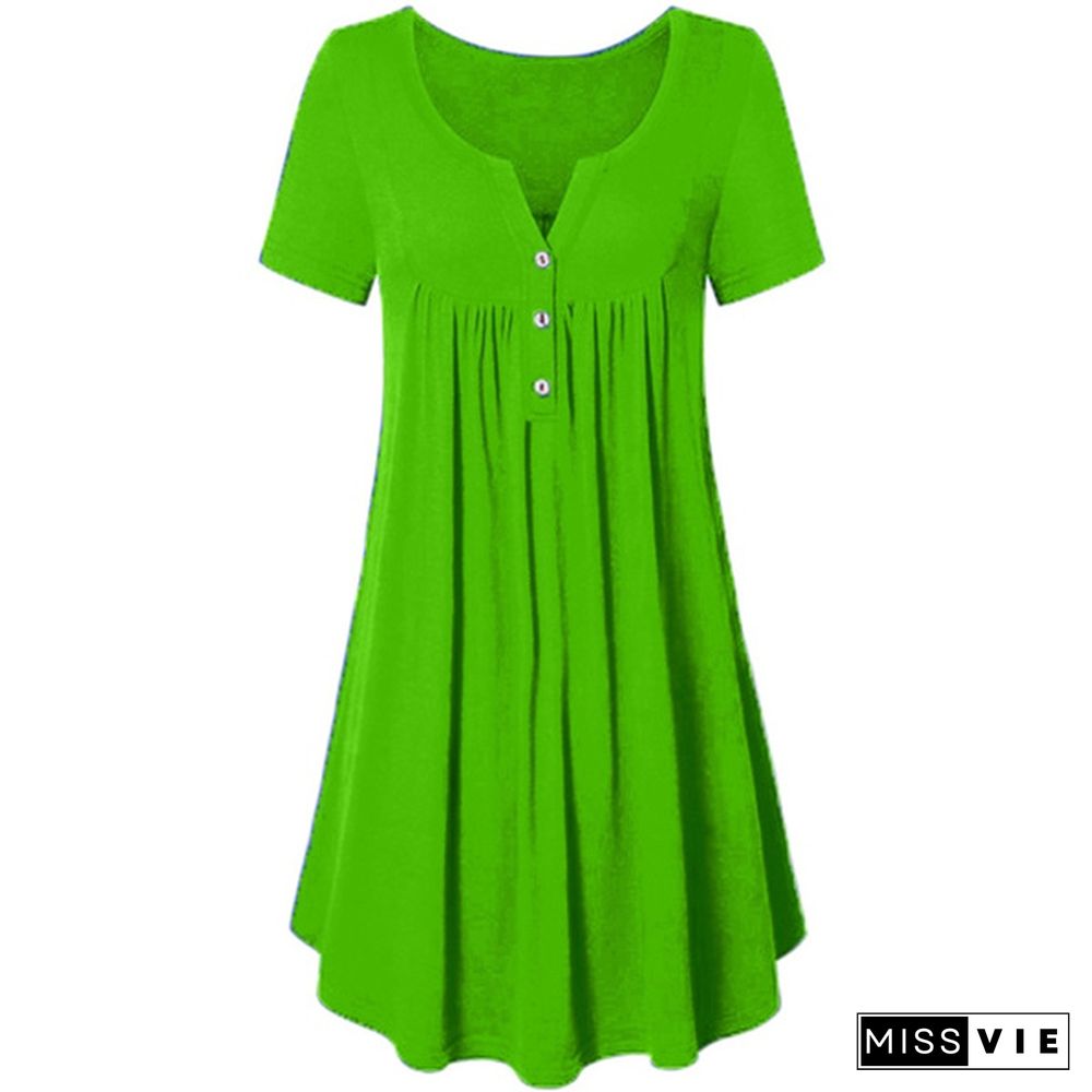 Women's Fashion Pockets Dresses Solid Color Casual V-neck Dress Pleated Party Dress Elegant Ladies Loose Cotton Dresses Summer Short Sleeve Plus Size Dresses XS-8XL