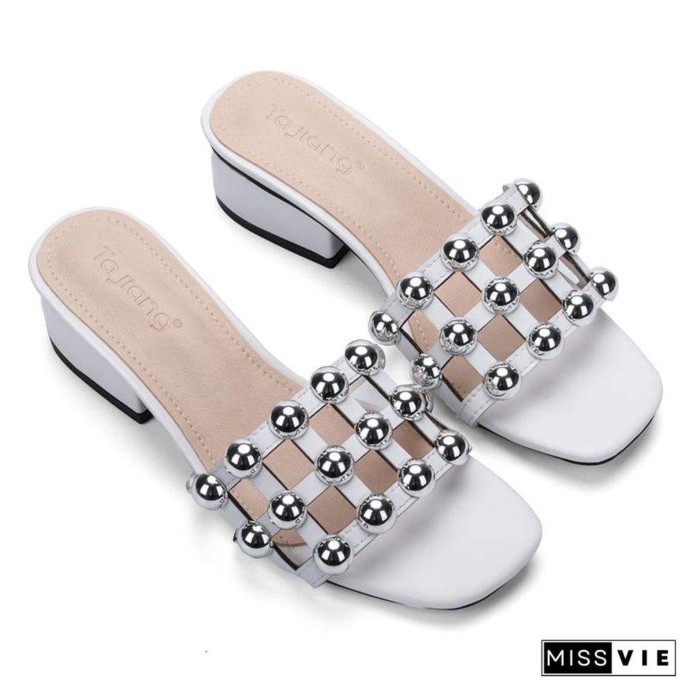 Genuine Cow Leather Rivets Women Gladiator Sandals Square High Heels Beach Slippers