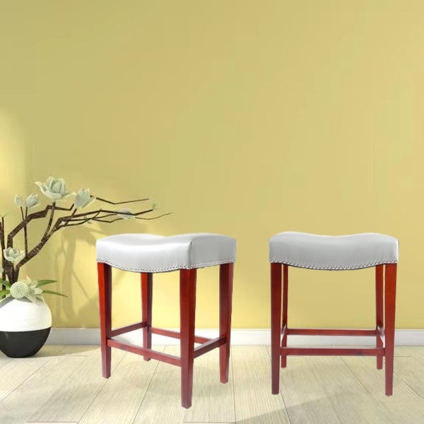 Counter Height Leather Bar Stools Set of 2 for Counter Backless Modern Barstools Upholstered Chairs with Rubber Wood Legs