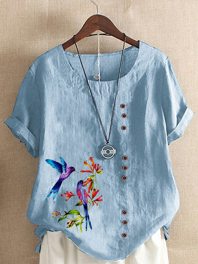 Round Neck Casual Loose Floral Short Sleeve Blouse