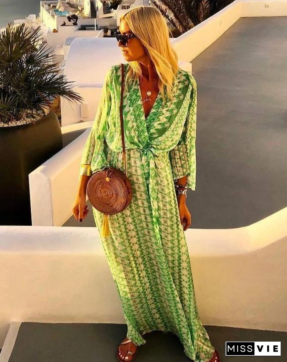 Glamorous Green V-Neck 3/4 Sleeve Printed Maxi Vacation Dress