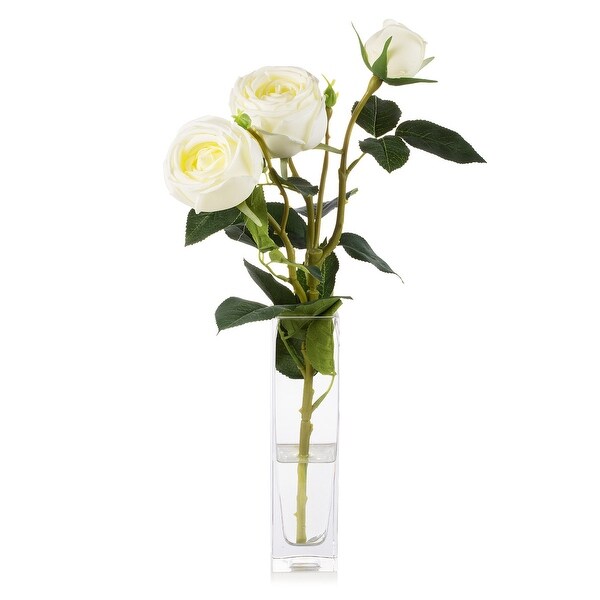 Enova Home Artificial Silk Rose Flower in Clear Glass Vase Faux Rose Flower with Vase For Home Office Decoration